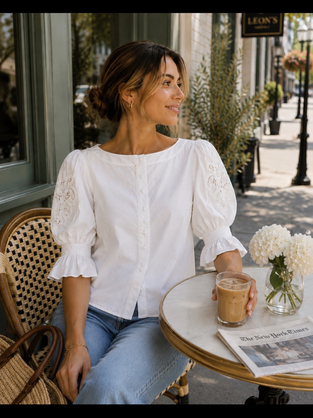 Lauren Ralph Lauren White Poplin Boat Neck Puff Sleeve Embroidered Blouse Size 8